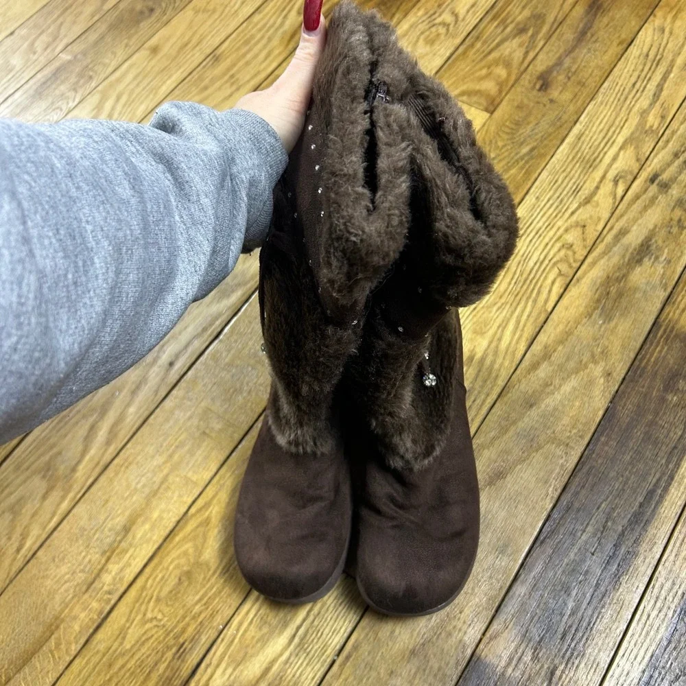 Y2K Limited Too Brown Faux Fur Wedge Boots Rhinestone Zip Up Size Unknown